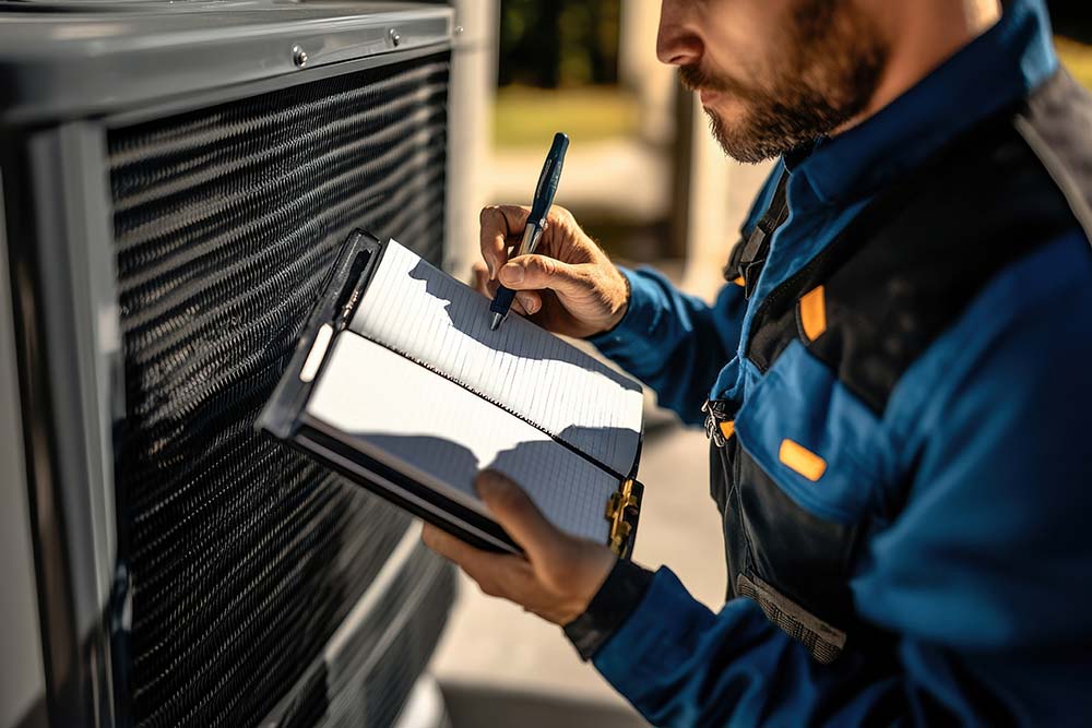 Air conditioning technician repairing unit with tools and clipboard, close-up detailed shot